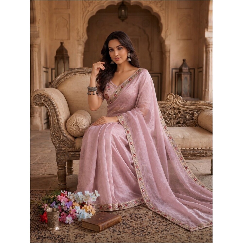Indian Embroidered Saree with Beaded blouse Size 38”(41”” adjustable), Petticoat